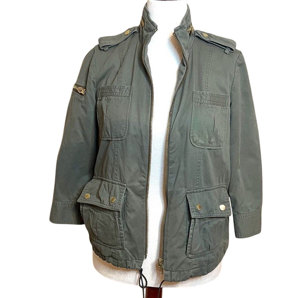 Apostrophe utility jacket khaki green cotton fully lined 3/4 sleeve pockets Sz S